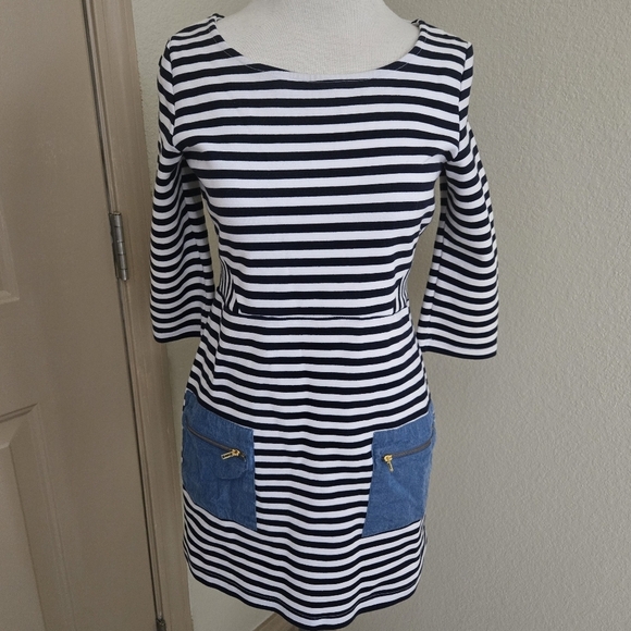 ANTHROPOLOGIE Tabitha Dress Sz 4 Blue Marin Cotton Striped Pockets - Picture 2 of 5